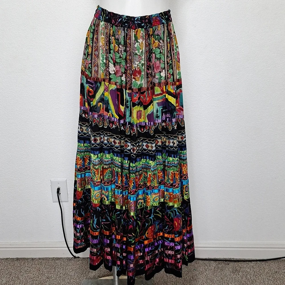 Anu by Naturals Bohemian Multicolor Hippie Smocked Waist Peasant Maxi Skirt Sz.M